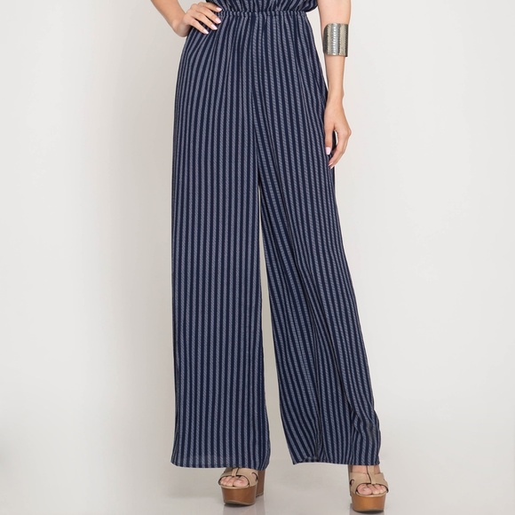 NEW - Navy Blue Striped Jumpsuit - Picture 2 of 6